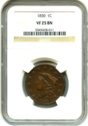 image for: 1830 1c NGC VF25 BN (Large Letters)