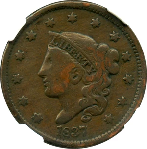 image for: 1837 1c NGC F12 BN (Head of 1838, Beaded Cords)