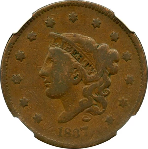 image for: 1837 1c NGC F12 BN (Head of 1838, Plain Cord, Med Letters)