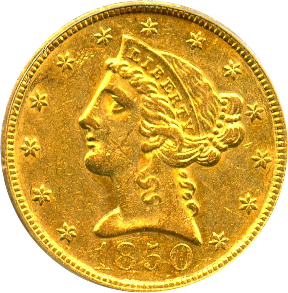 image for: 1850 $5 PCGS AU55
