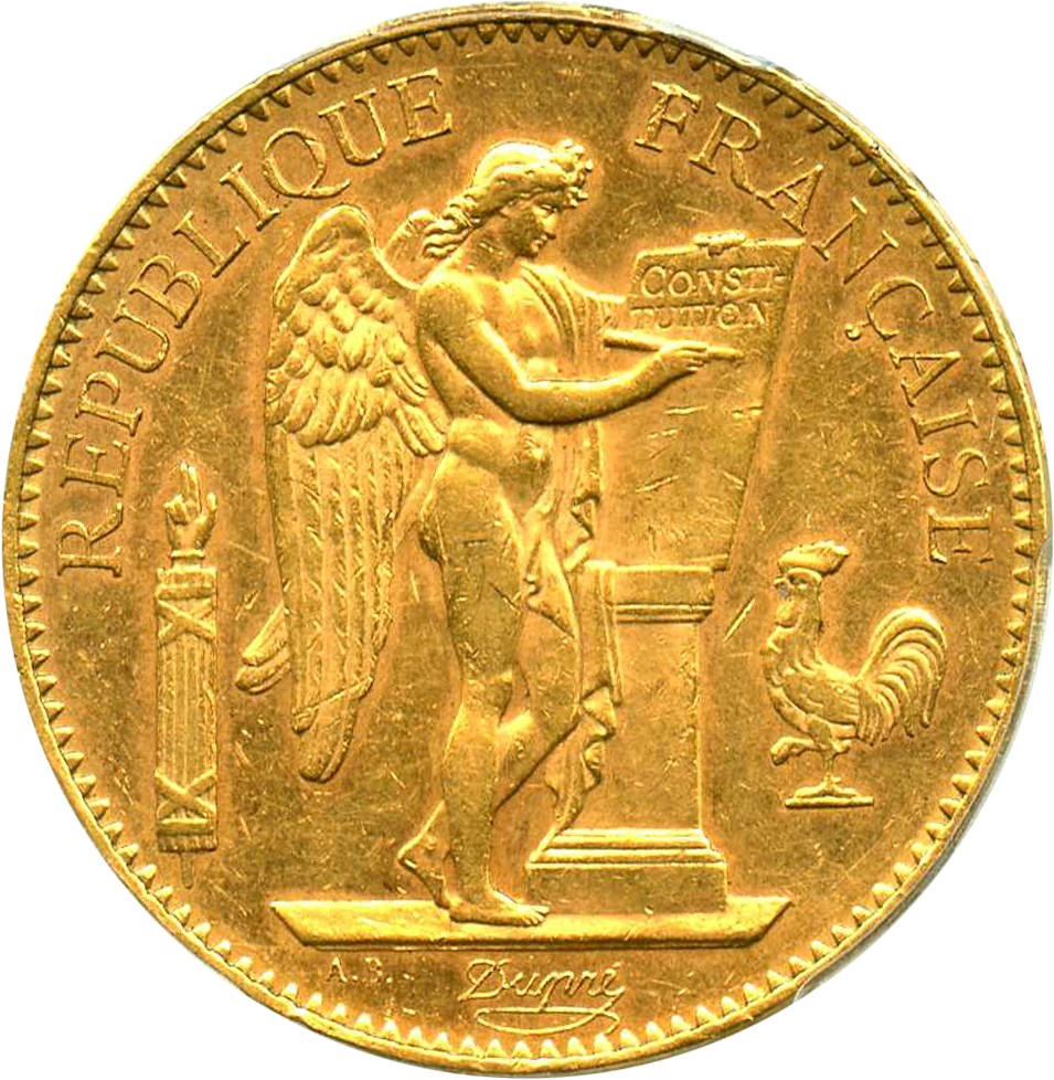 image for: France: 1906-A 100 Franc PCGS AU58 (Angel, KM-832) .9334oz Gold
