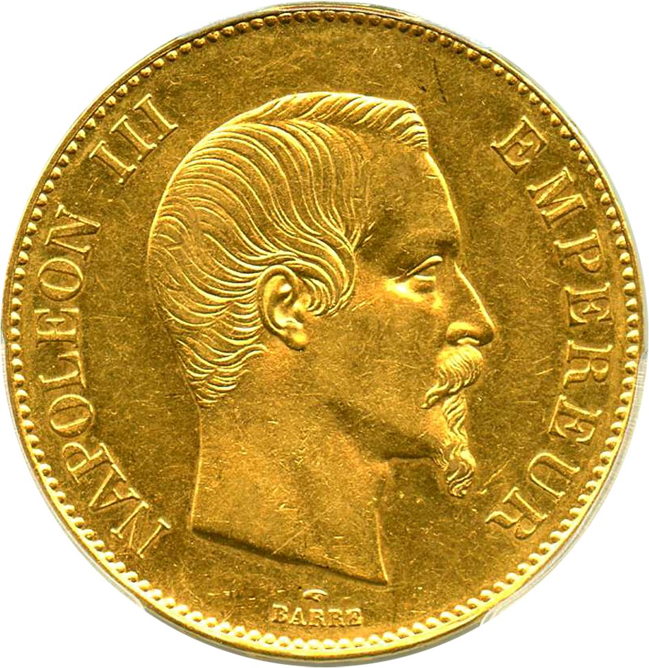 image for: France: 1858-A 100 Franc PCGS AU55 (Napoleon, KM-786.1) .9334oz Gold