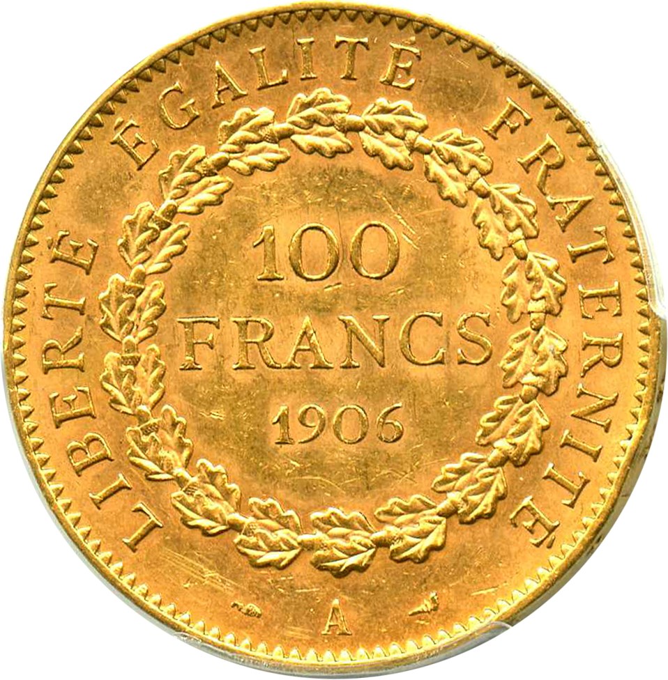 image for: France: 1906-A 100 Franc PCGS AU58 (Angel, KM-832) .9334oz Gold