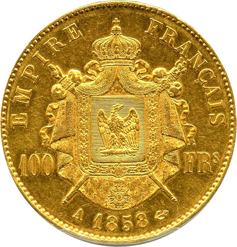 image for: France: 1858-A 100 Franc PCGS AU55 (Napoleon, KM-786.1) .9334oz Gold