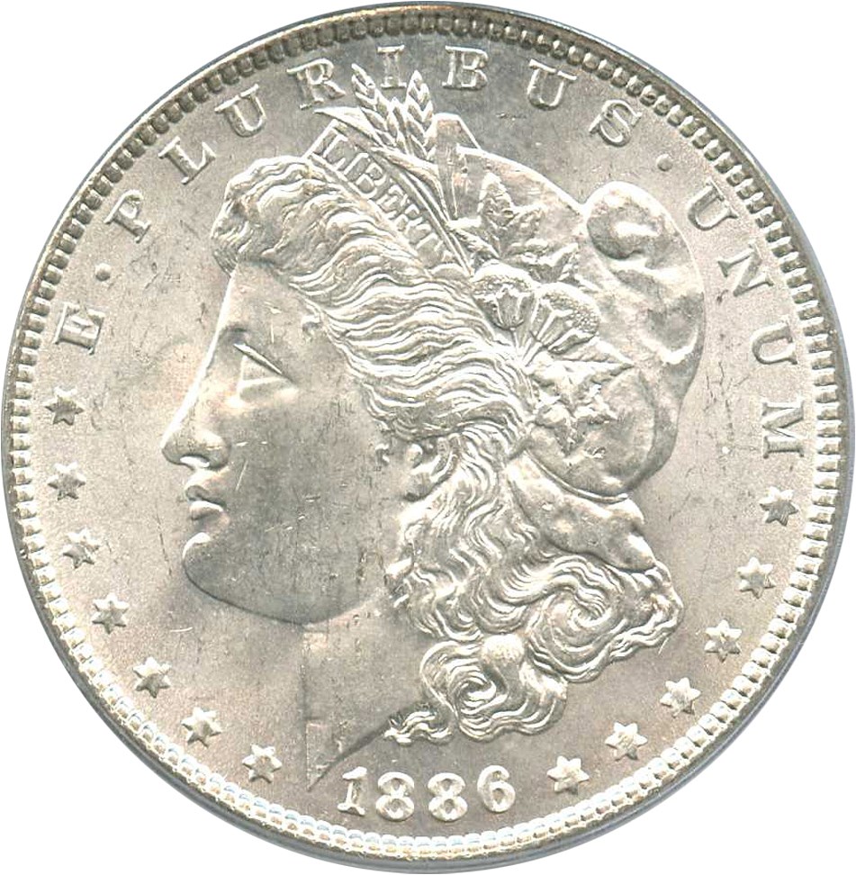 image for: 1886 $1 PCGS MS64 (VAM-1C, 3+2 Clashed Rev)