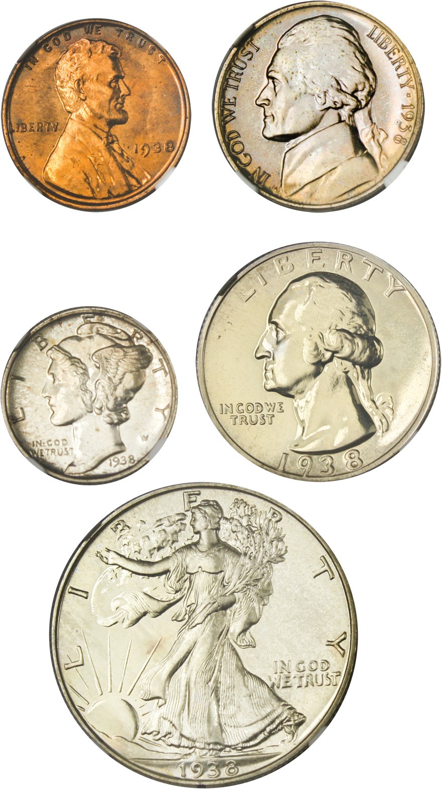 image for: 1938 Proof Set 1c-50c NGC/CAC Proof 65 RD,65,66+,65,65 (5 Coins, Highland Collection)