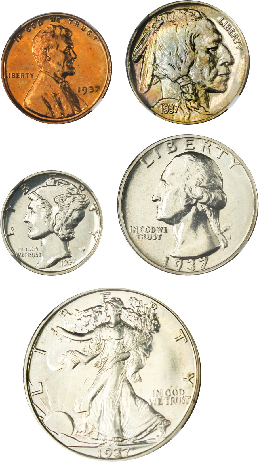 image for: 1937 Proof Set 1c-50c NGC/CAC Proof 64 RB,67,66,65,65 (5 Coins, Highland Collection)