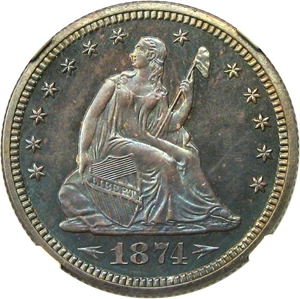 image for: 1874 25c NGC Proof 65 (Arrows) - Beautiful Obverse Toning - No Reserve!