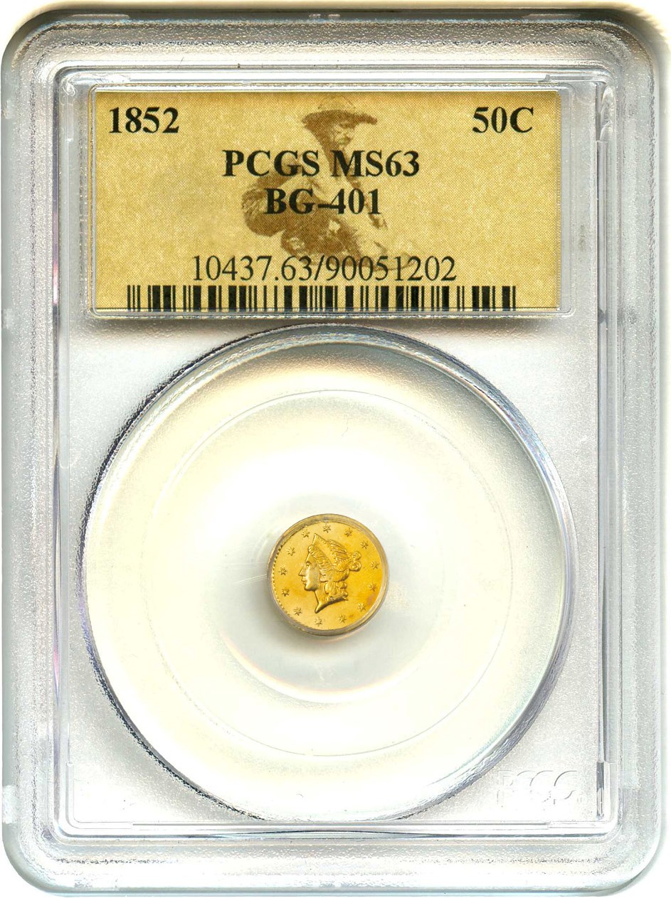 image for: California Fractional Gold: 1852 50c PCGS MS63 (BG-401)