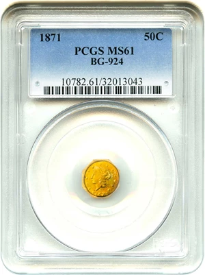 image for: California Fractional Gold: 1871 50c PCGS MS61 (BG-924)