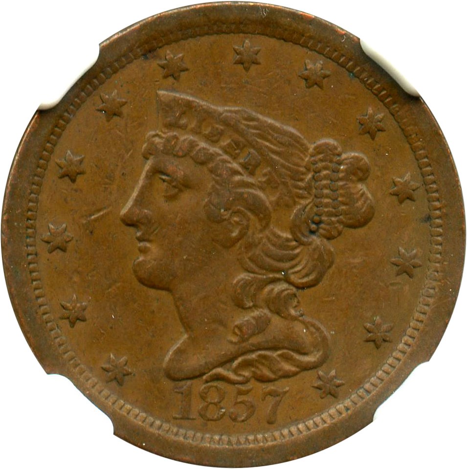image for: 1857 1/2c NGC/CAC AU55 BN (C-1)