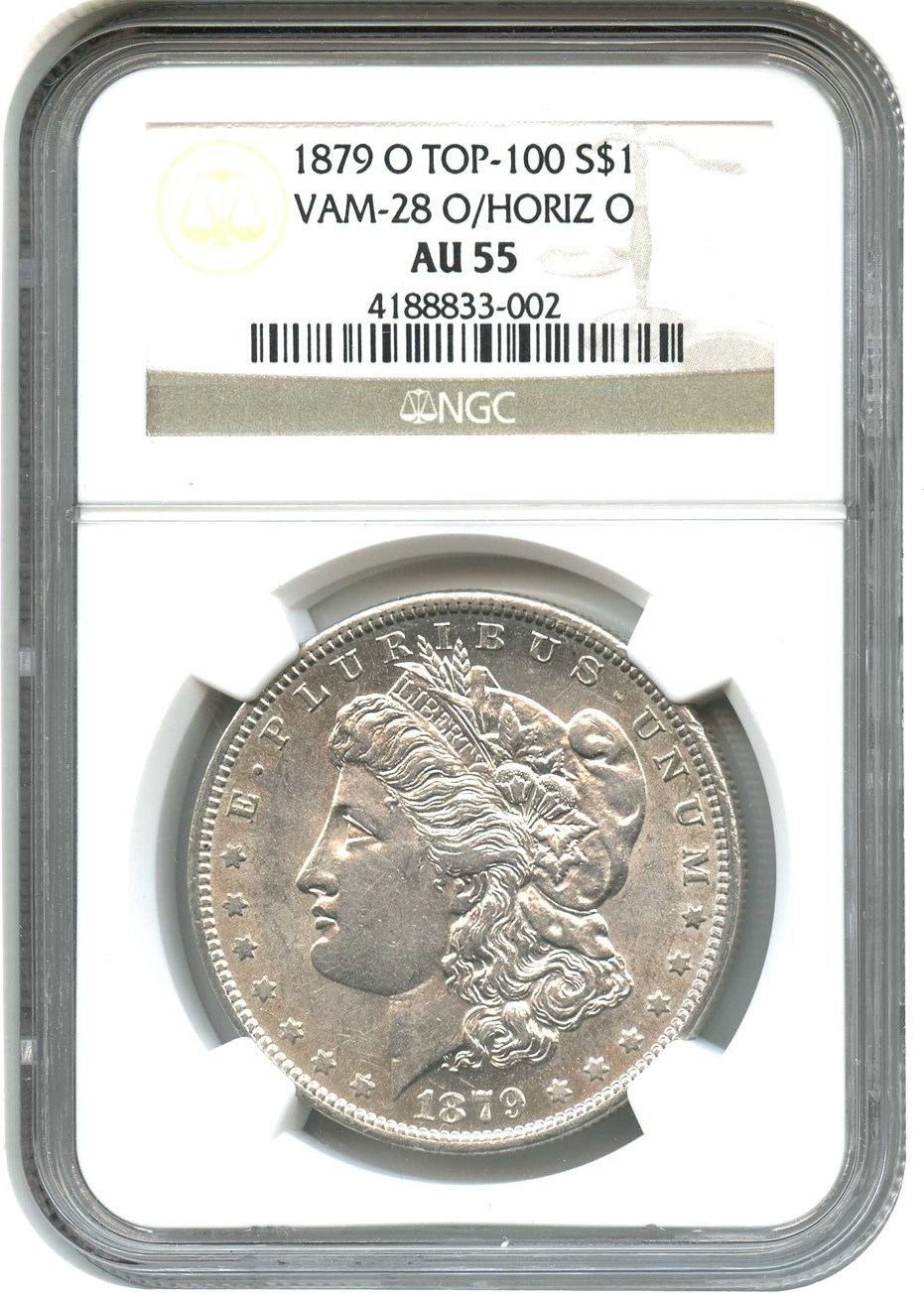 image for: 1879-O $1 NGC AU55 (VAM-28, O/Horizontal O)