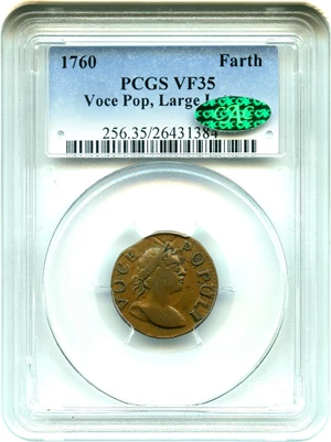 image for: 1760 Hibernia-Voce Populi Farthing PCGS/CAC VF35 (Large Letters) - No Reserve!