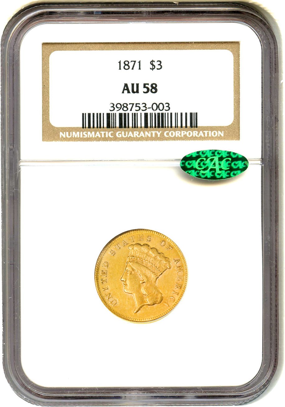 image for: 1871 $3 NGC/CAC AU58