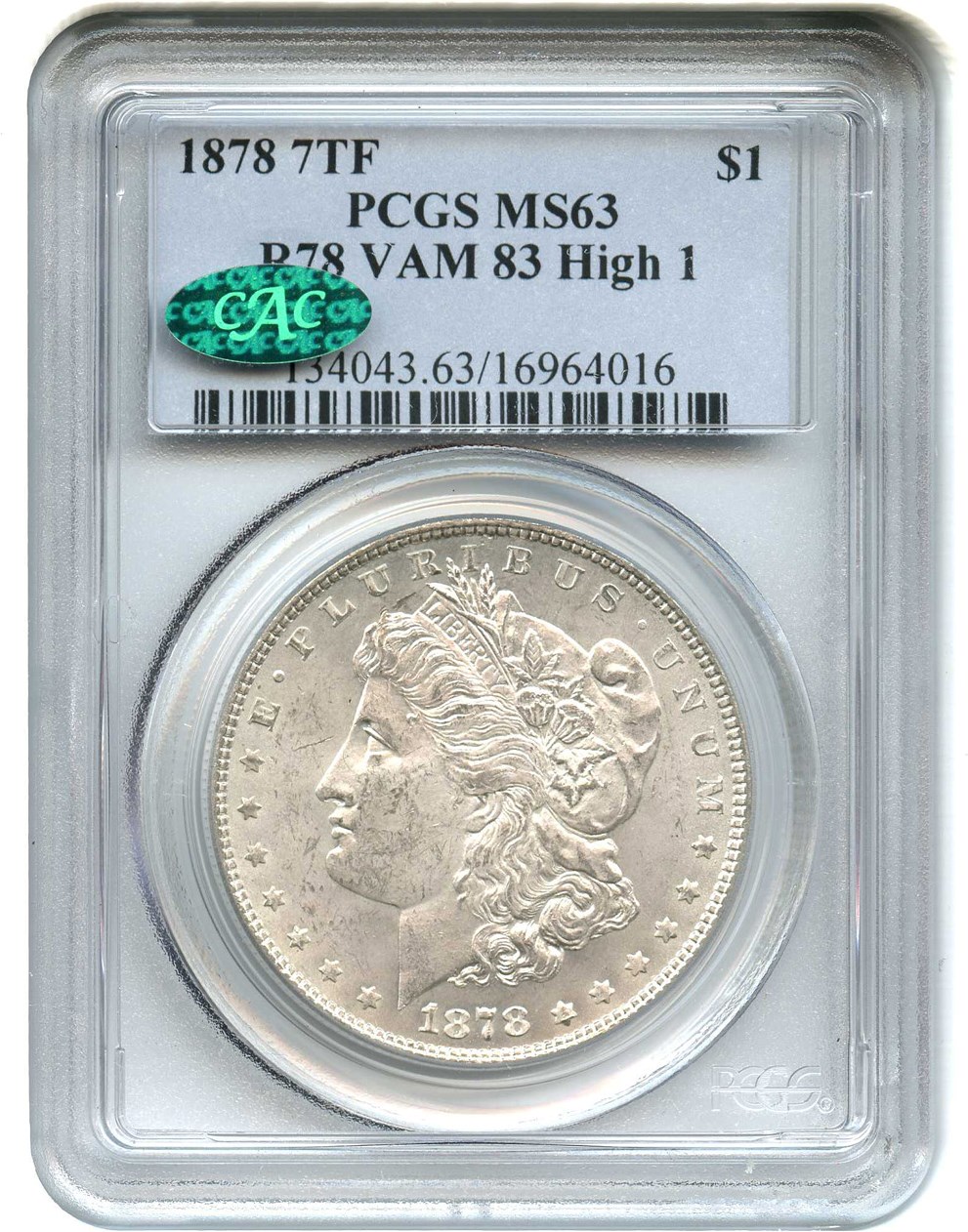 image for: 1878 7TF $1 PCGS/CAC MS63 (Reverse of 1878, VAM-83, High 1)