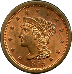 image for: 1855 1c PCGS MS64 RD (Upright 55, OGH Rattler Holder)