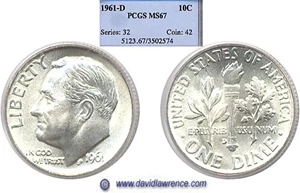 image for: 1961-D 10c PCGS MS67