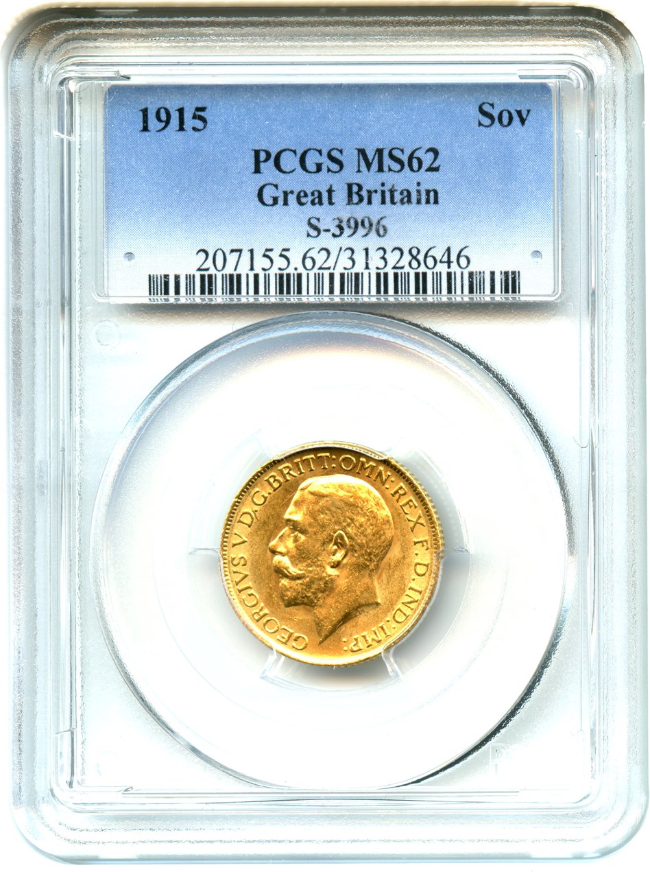 image for: Great Britain: 1915 Gold Sovereign PCGS MS62 (S-3996, KM-820) .2355oz Gold
