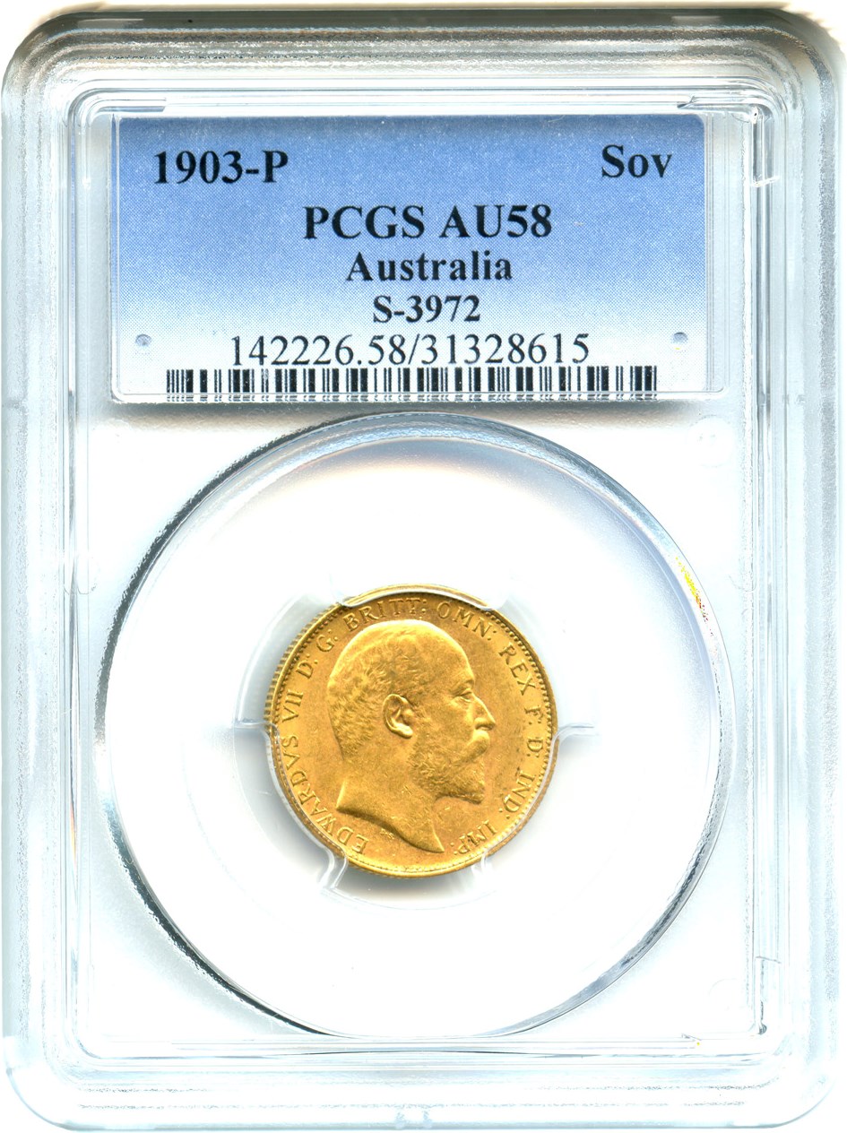 image for: Australia: 1903-P Gold Sovereign PCGS AU58 (S-3972, KM-15) .2354oz Gold