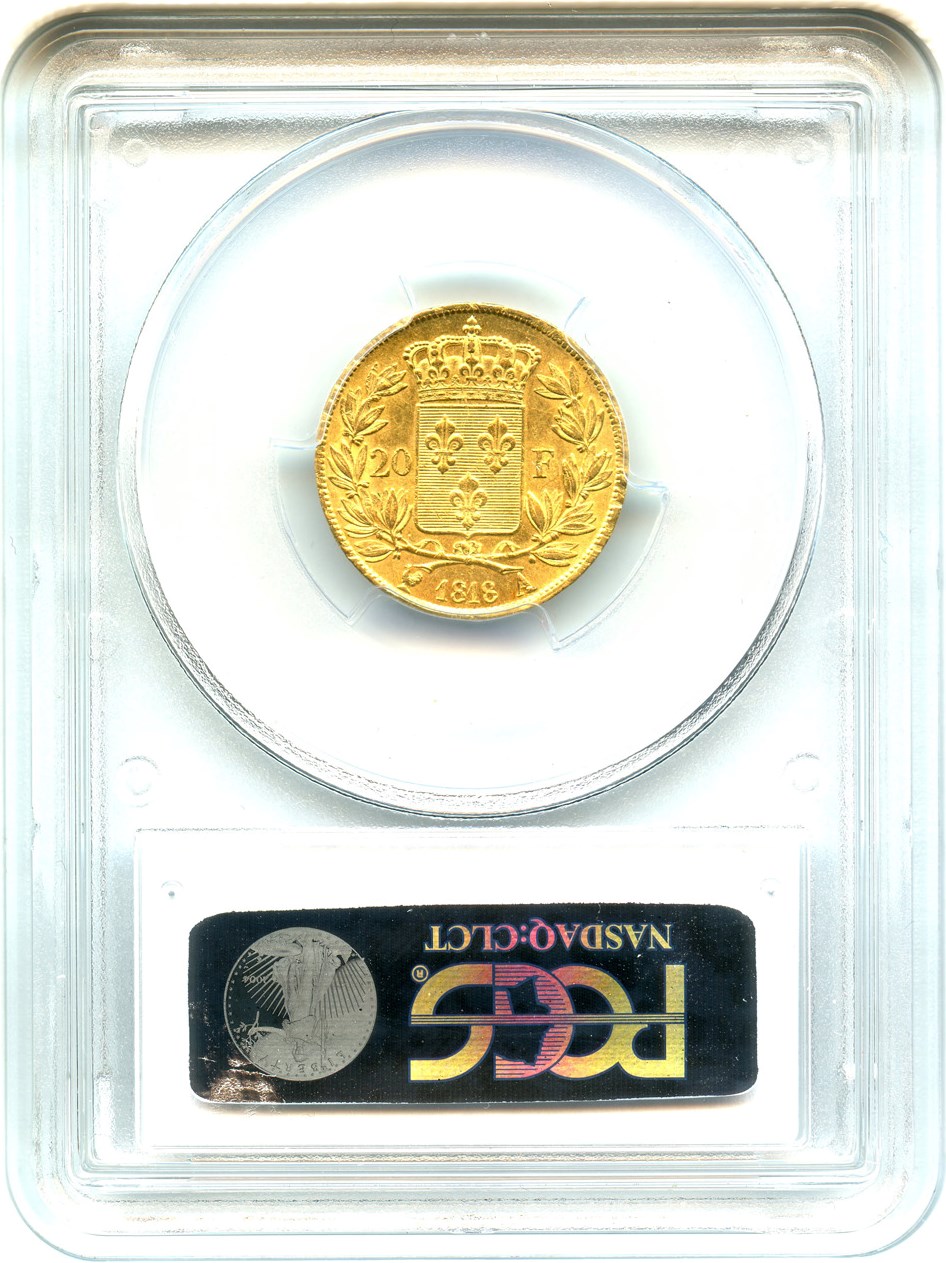 image for: France: 1818-A Gold 20 Franc PCGS AU58 (KM-712.1) .1867oz Gold