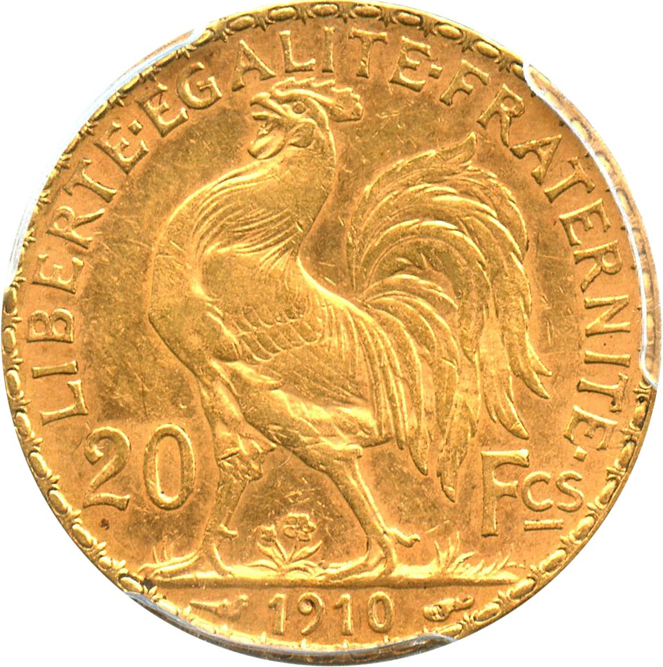 image for: France: 1910 Gold 20 Franc PCGS AU58 (KM-857) .1867oz Gold