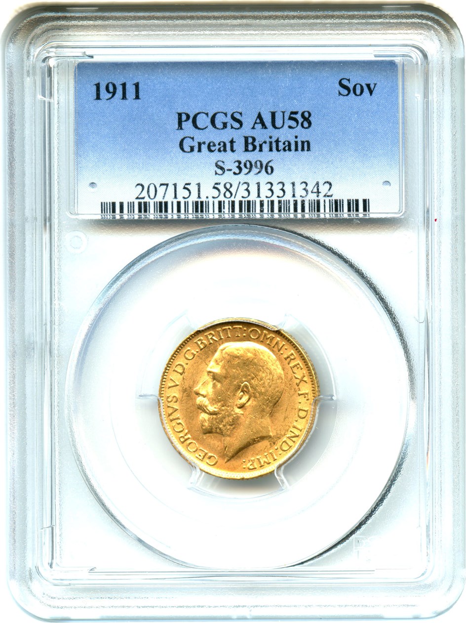image for: Great Britain: 1911 Gold Sovereign PCGS AU58 (S-3996, KM-820) .2354oz Gold - No Reserve!