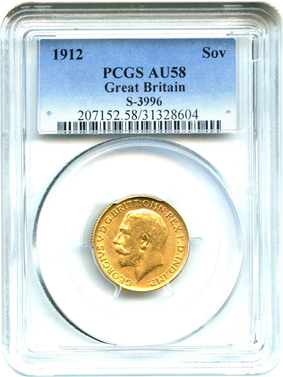 image for: Great Britain: 1912 Gold Sovereign PCGS AU58 (S-3996, KM-820) .2354oz Gold - No Reserve!