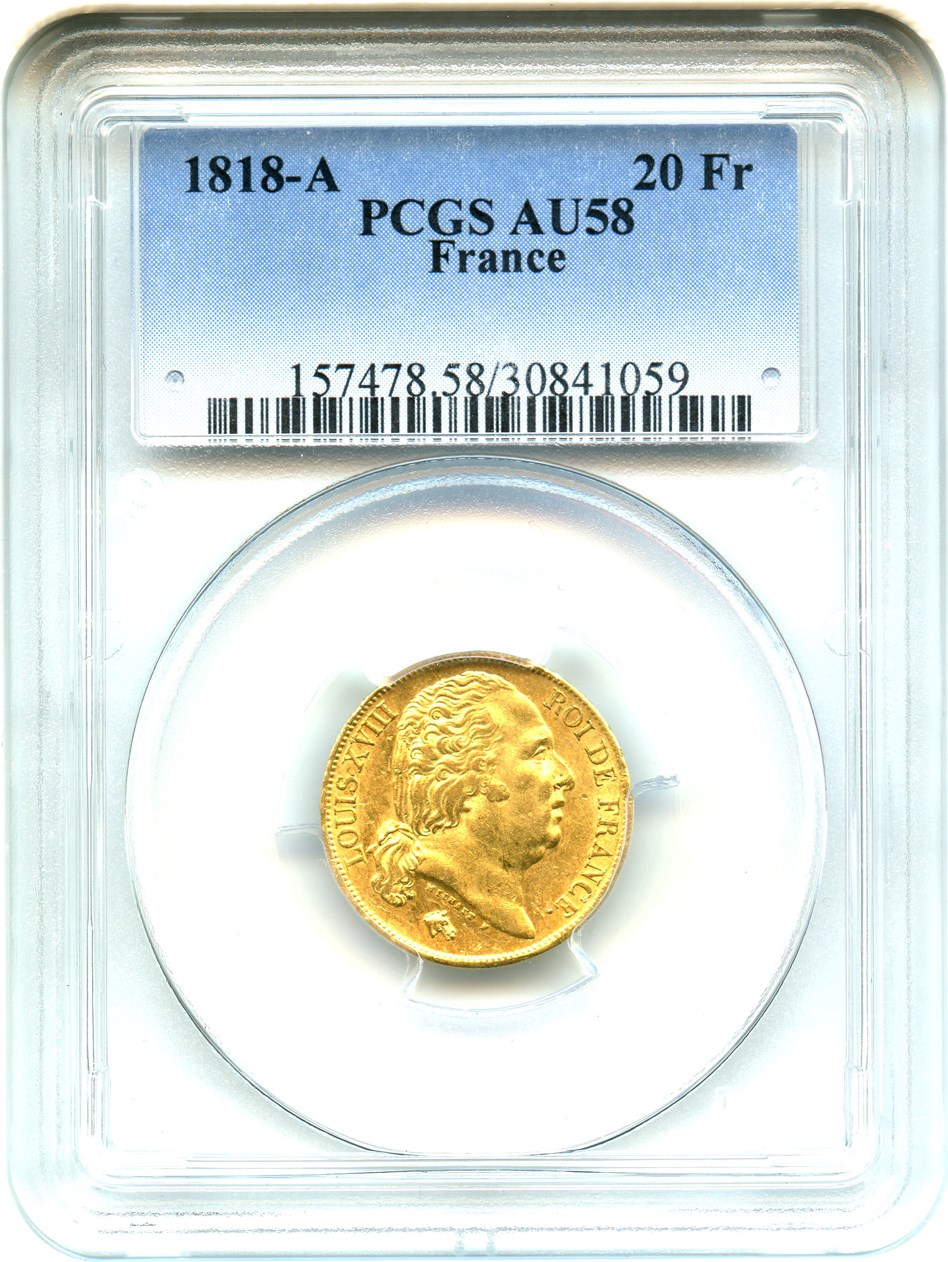 image for: France: 1818-A Gold 20 Franc PCGS AU58 (KM-712.1) .1867oz Gold