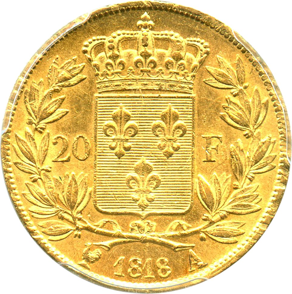 image for: France: 1818-A Gold 20 Franc PCGS AU58 (KM-712.1) .1867oz Gold