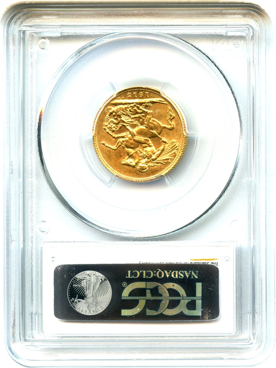 image for: Great Britain: 1915 Gold Sovereign PCGS MS62 (S-3996, KM-820) .2355oz Gold