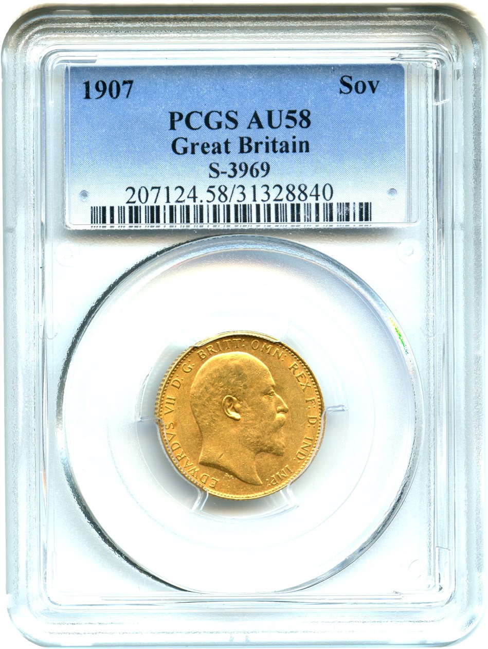 image for: Great Britain: 1907 Gold Sovereign PCGS AU58 (S-3969, KM-805) .2354oz Gold