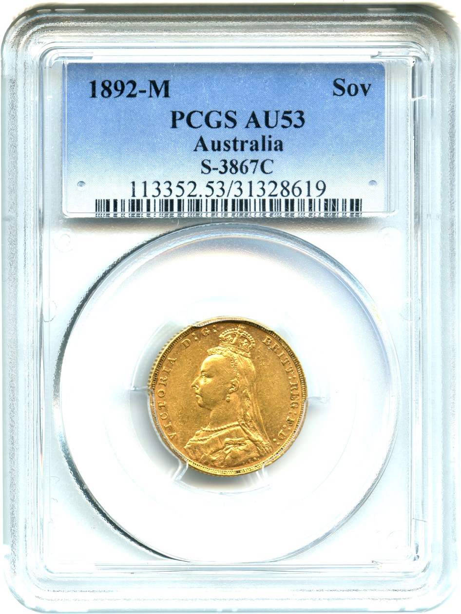 image for: Australia: 1892-M Jubilee Head Gold Sovereign PCGS AU53 (S-3867C, KM-10) .2355oz Gold