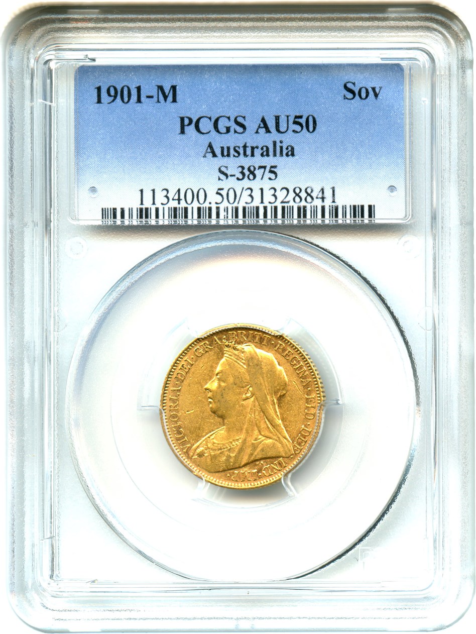 image for: Australia: 1901-M Gold Sovereign PCGS AU50 (S-3875, KM-13) .2354oz Gold - No Reserve!