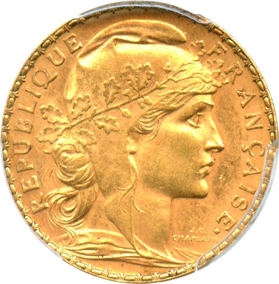 image for: France: 1910 Gold 20 Franc PCGS AU58 (KM-857) .1867oz Gold