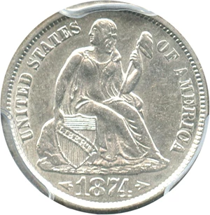 image for: 1874-S 10c PCGS/CAC AU55 (Arrows)