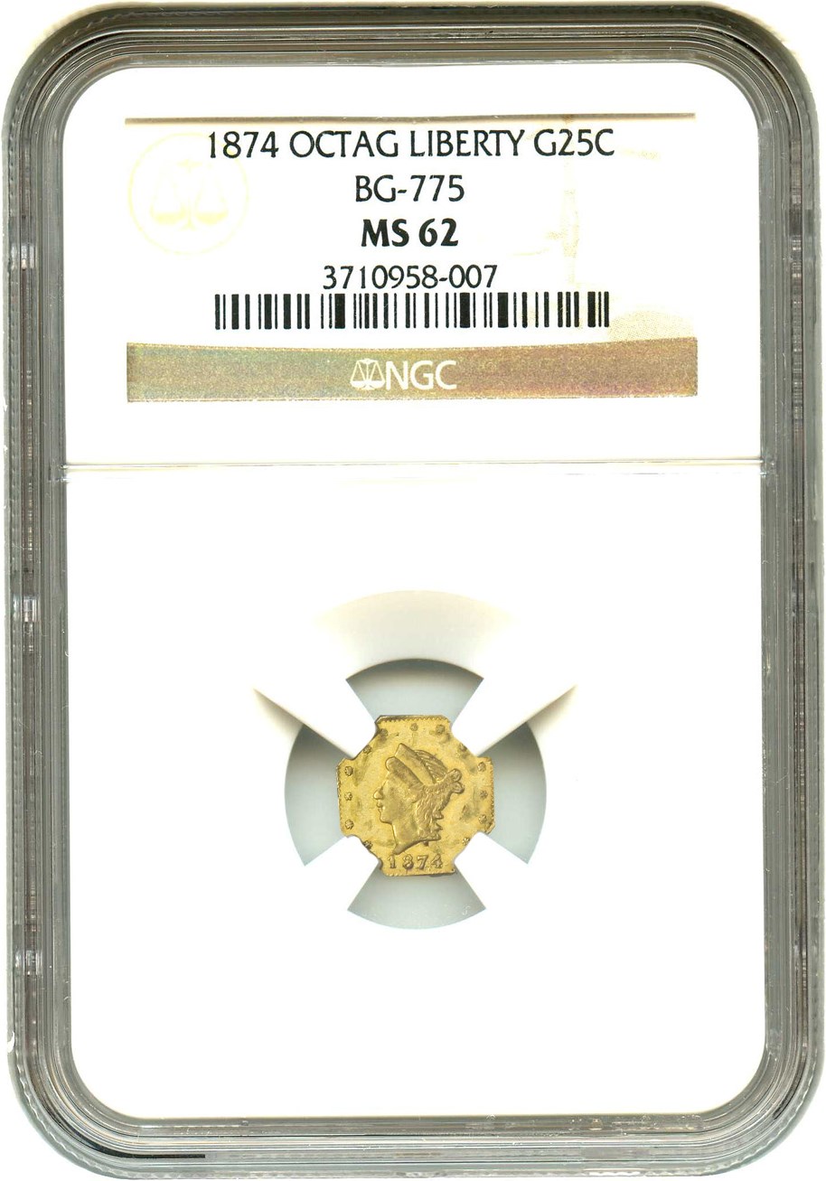 image for: California Fractional Gold: 1874 25c NGC MS62 (Octagonal, Liberty, BG-775)