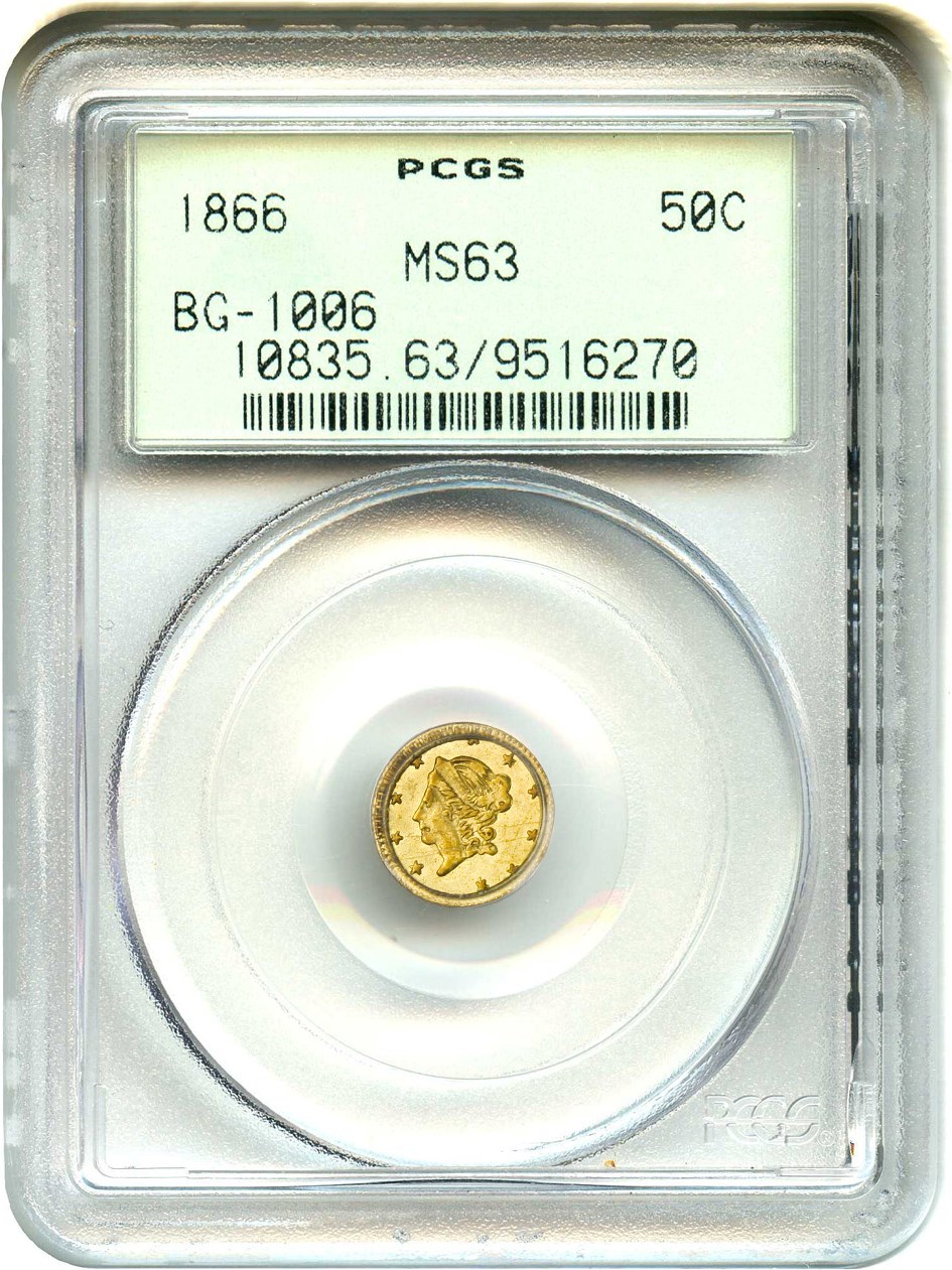 image for: California Fractional Gold: 1866 50c PCGS MS63 (BG-1006, OGH)