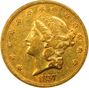 image for: 1857 $20 PCGS/CAC VF35 (OGH)