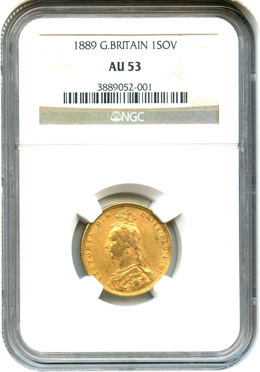 image for: Great Britain: 1889 Sovereign NGC AU53 (KM#767) 0.2354 oz Gold
