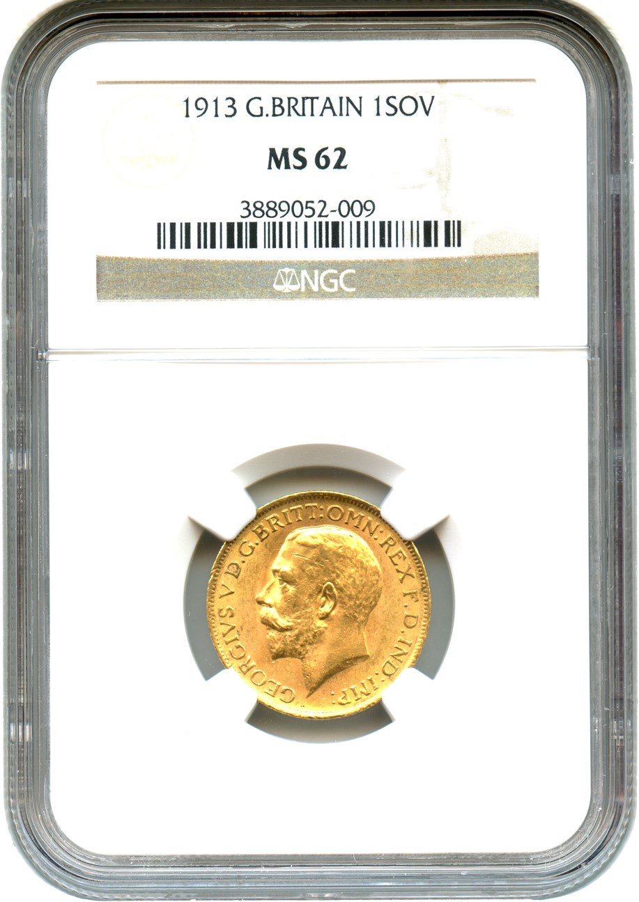 image for: Great Britain: 1913 Sovereign NGC MS62 (KM#820) 0.2354 oz Gold - No Reserve!