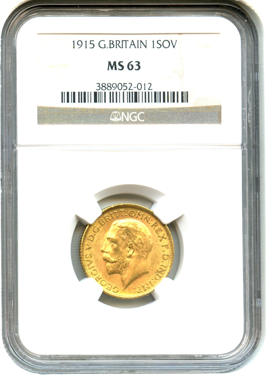 image for: Great Britain: 1915 Sovereign NGC MS63 (KM#820) 0.2354 oz Gold - Vault Value!