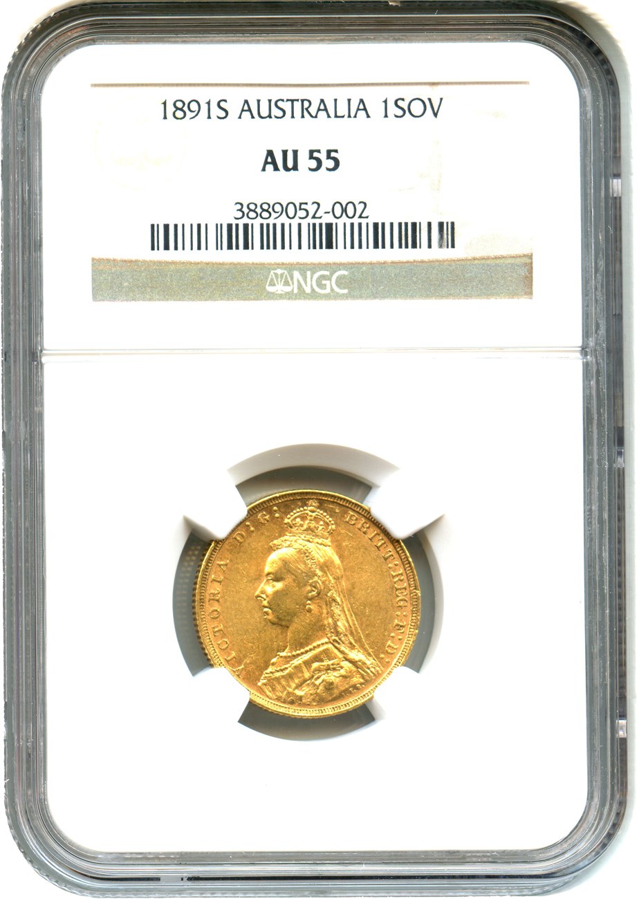 image for: Australia: 1891-S Sov NGC AU55 (Jubilee Head, KM-10) 0.2354 oz Gold- Vault Value!