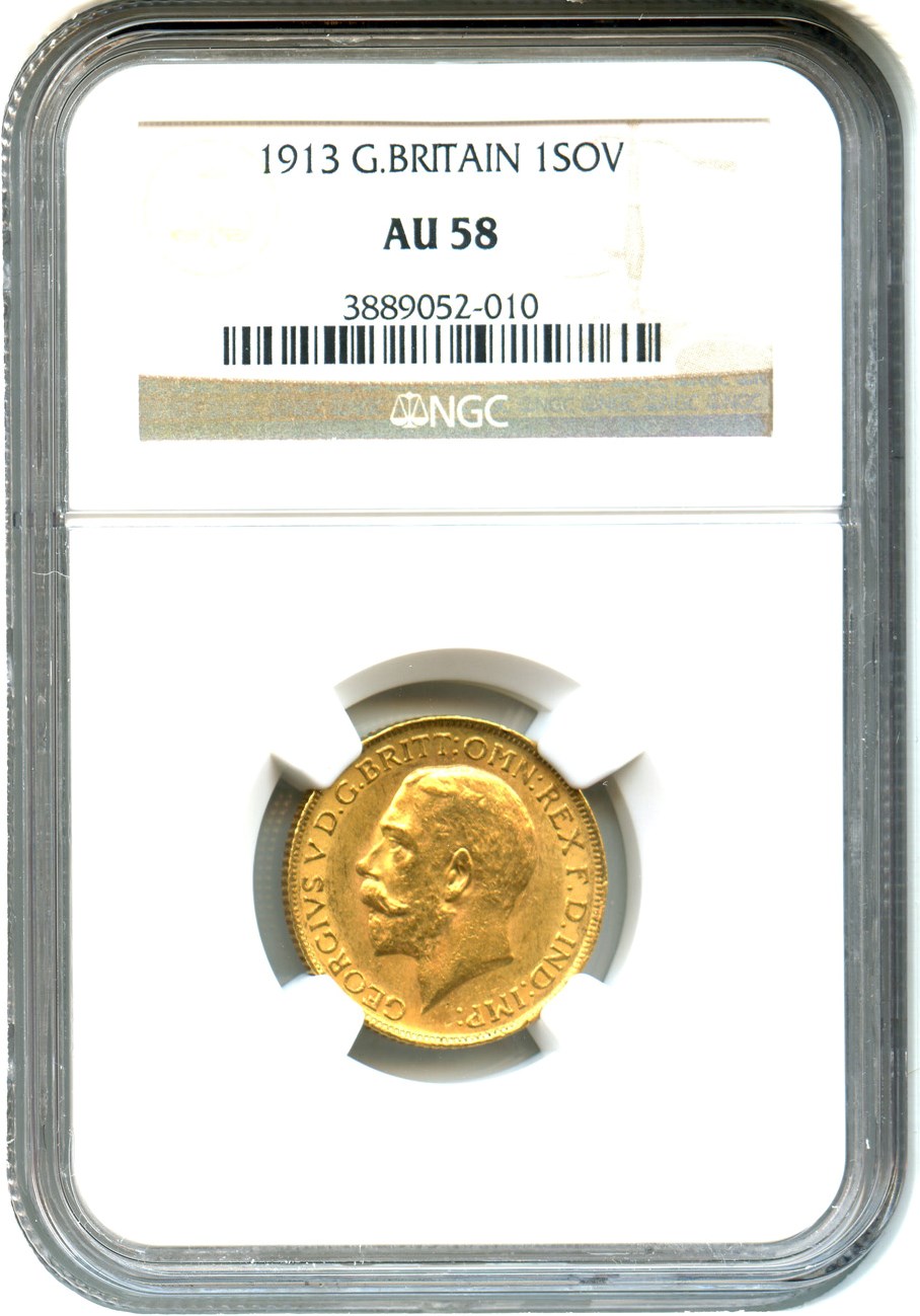 image for: Great Britain: 1913 Sovereign NGC AU58 (KM#820) 0.2354 oz Gold