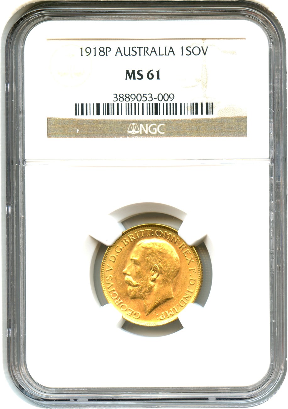 image for: Australia:1918-P Sovereign NGC MS61 (KM-29) 0.2354 oz Gold - No Reserve!