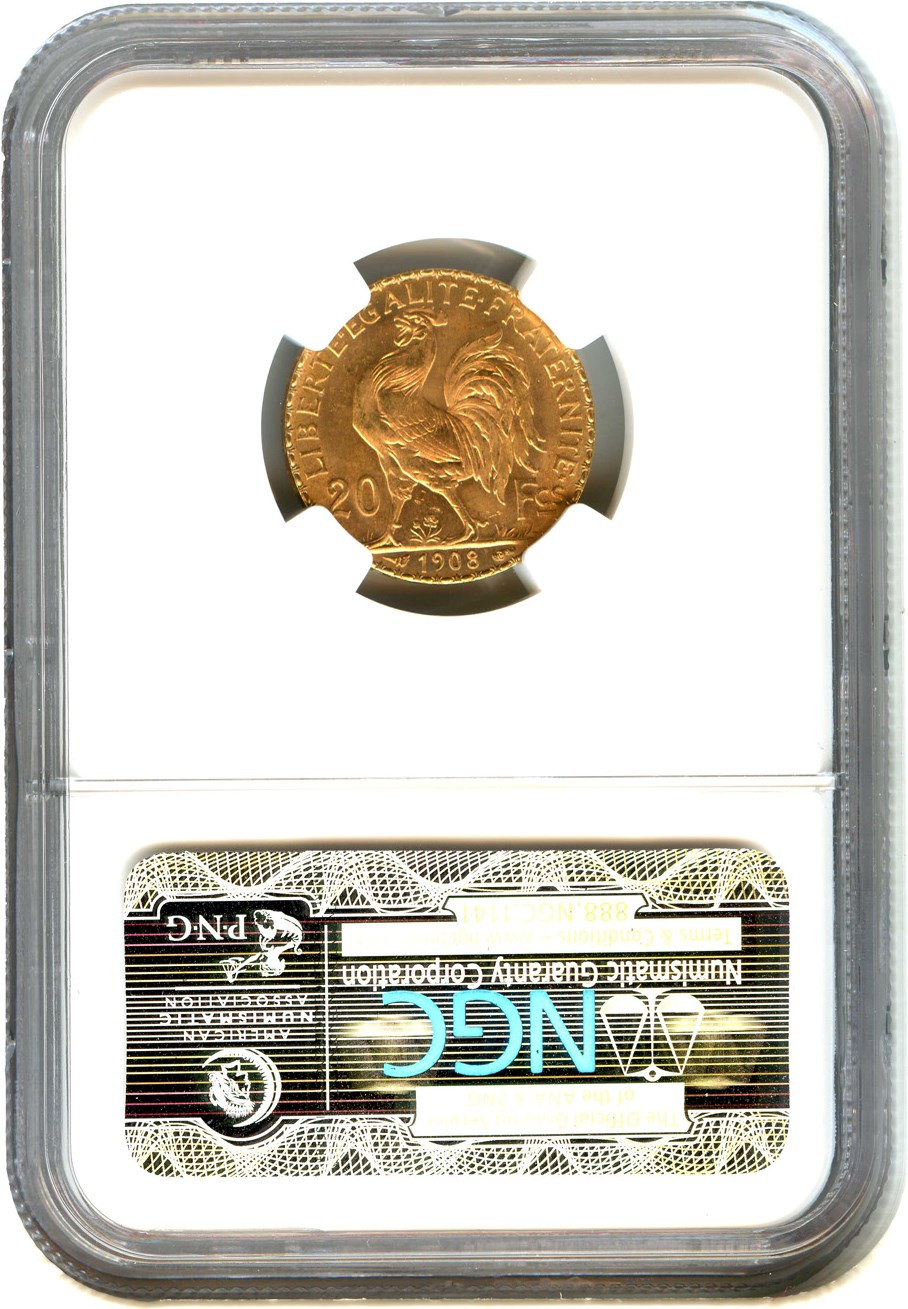 image for: France: 1908 Gold 20 Francs NGC MS66 (KM-857) .1867oz Gold