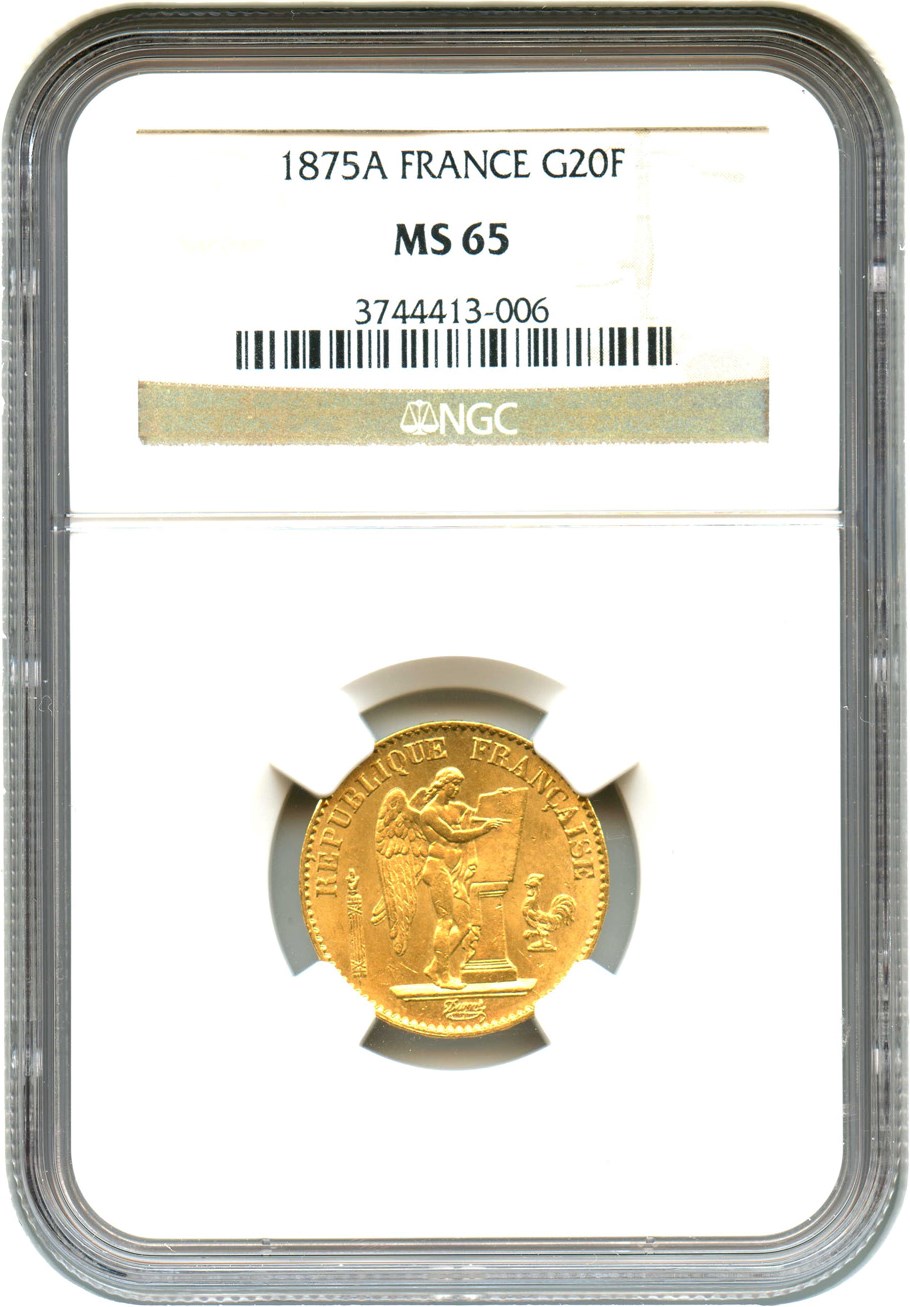 image for: France: 1875-A Gold 20 Francs NGC MS65 (KM-825) .1867oz Gold