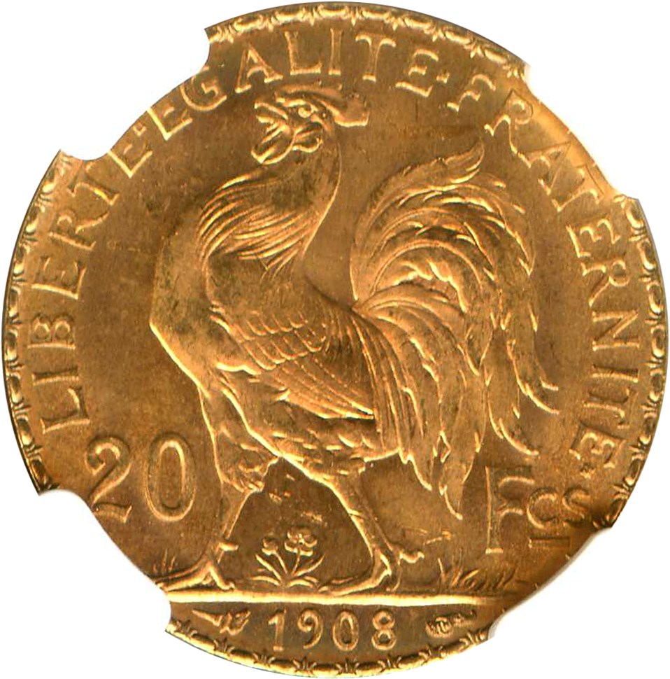 image for: France: 1908 Gold 20 Francs NGC MS66 (KM-857) .1867oz Gold