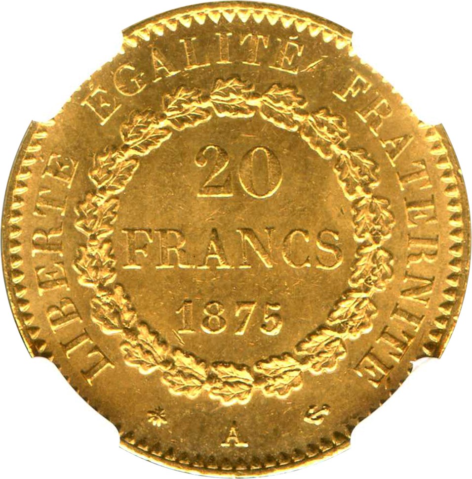 image for: France: 1875-A Gold 20 Francs NGC MS65 (KM-825) .1867oz Gold