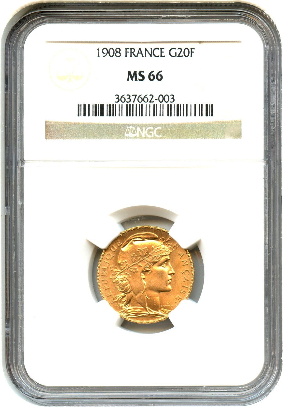 image for: France: 1908 Gold 20 Francs NGC MS66 (KM-857) .1867oz Gold