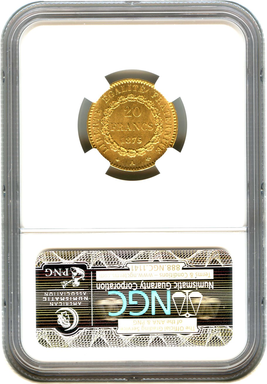 image for: France: 1875-A Gold 20 Francs NGC MS65 (KM-825) .1867oz Gold